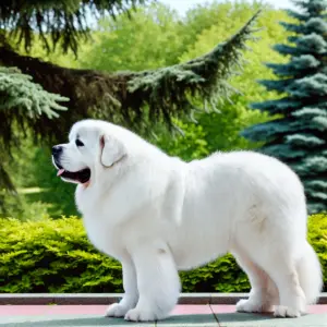 Ein majestätischer weißer Neufundländer mit dickem, flauschigem Fell, der in einer malerischen Parklandschaft steht