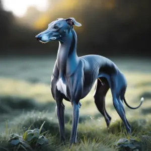 Der elegante blauer Whippet mit einem schiefergrauen bis bläulichen, glatten Fell steht auf einer Wiese während eines Sonnenaufgangs