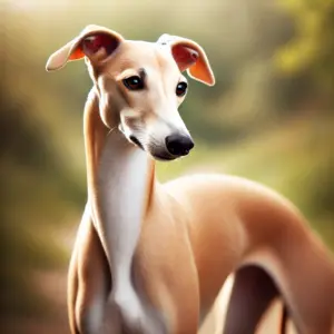 Ein fawn-farbener Whippet steht anmutig im Freien. Das warme beige bis rehbraune Fell verleiht dem Hund eine weiche, natürliche Ausstrahlung, die durch weiße Abzeichen dezent ergänzt wird