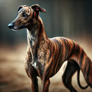 Ein gestromter Whippet Hund steht draußen im Freien. Sein einzigartiges Fellmuster in warmen Braun- und Schwarztönen bildet auffällige Streifen entlang des schlanken, muskulösen Körper