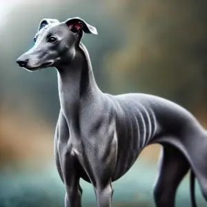 Ein grauer Whippet steht anmutig im Freien. Das glatte Fell wechselt je nach Lichteinfall zwischen bläulichen und silbrigen Tönen und verleiht dem Hund eine dezente, edle Ausstrahlung
