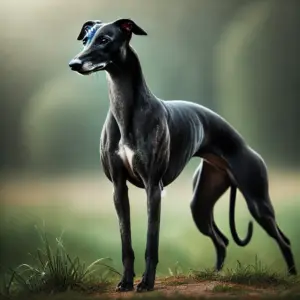 Ein athletischer Whippet aus der Rennlinie, der anmutig auf einem grasbewachsenen Feld steht. Der Hund zeigt einen kompakten, muskulösen Körperbau mit definierten Muskeln und einer schlanken Figur