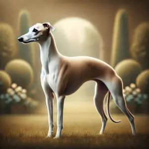 Ein eleganter Whippet aus der Showlinie, der in einem Garten oder Ausstellungsgelände steht. Der Hund hat einen harmonischen, muskulösen Körperbau, etwas größer als die Rennlinie