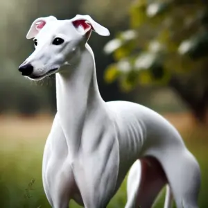 Ein weißer Whippet steht anmutig im Freien. Das reinweiße Fell verleiht dem Hund eine majestätische Ausstrahlung, mit leichten Abzeichen, die subtile Kontraste setzen