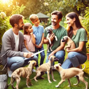 Eine Familie besucht einen Züchter und lässt sich beraten um anschließend einen Whippet zu kaufen