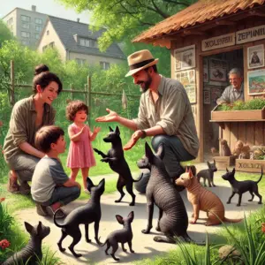 Eine Familie besucht den Xoloitzcuintli Züchter und lässt sich gut über die Rasse beraten