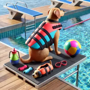 Dog-Diving-Ausrüstung, einschließlich einer Hundeschwimmweste und eines schwimmfähigen Dummys, platziert auf einem rutschfesten Steg neben einem klaren Pool, bereit für den Einsatz bei einem Dog-Diving-Wettkampf.