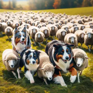 Australian Shepherd, Border Collie und Kelpie treiben Schafe auf einem Feld und führen Herding Trials aus.