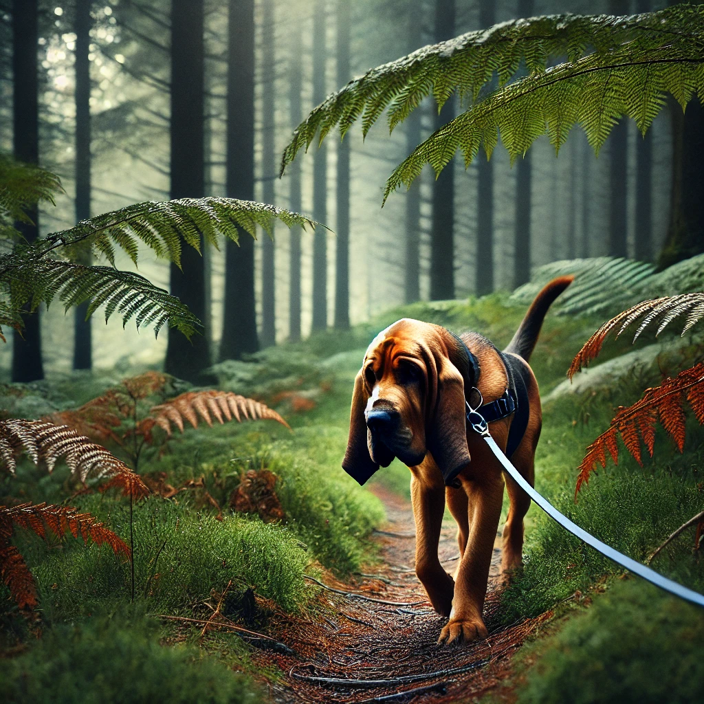 Ein Bloodhound mit einer langen Schleppleine folgt einer Geruchsspur in einem dichten Wald voller Blätter und Farne