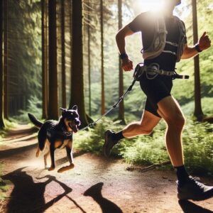 Ein Läufer mit seinem Hund beim Canicross Hundesport Training laufen durch den Wald