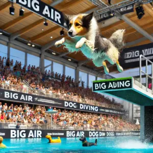 Ein Collie Hund beim Ausführen der Disziplin Big Air der Hundesportart Dog Diving