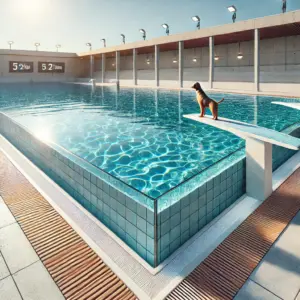 Ein professioneller Dog Diving Pool mit klarblauem Wasser, rutschfesten Kanten und einer sanften Rampe für Hunde zum sicheren Ausstieg