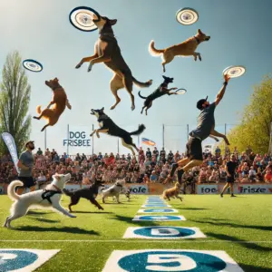 Eine Dog Frisbee-Wettkampf-Szene, bei der Hunde Frisbees in der Luft fangen, mit markierten Zonen auf dem Spielfeld und Zuschauern im Hintergrund.