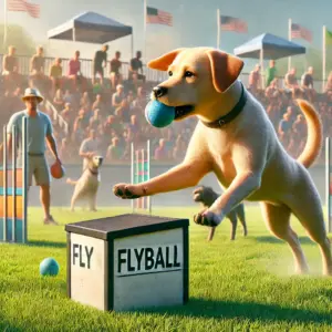 Ein Labrador betätigt die Flyball Box und holt sich den Ball um danach zurückzulaufen