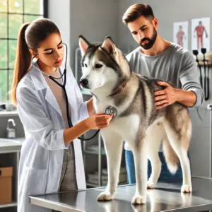 Hund wird vom Tierarzt untersucht um am Lauf Wettbewerb teilzunehmen