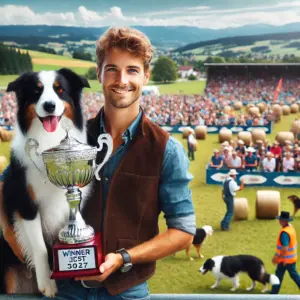 Hundeführer mit Border Collie nimmt Pokal bei einem Herding-Wettbewerb entgegen.