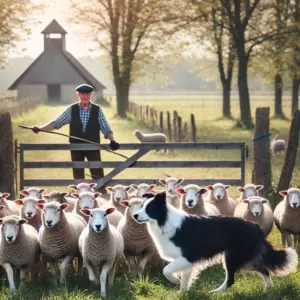Border Collie treibt Schafe durch ein Tor in einem Herding Trial