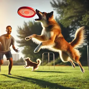  Ein Hund springt in die Luft, um eine Frisbee zu fangen, während sein Besitzer zusieht und begeistert ist