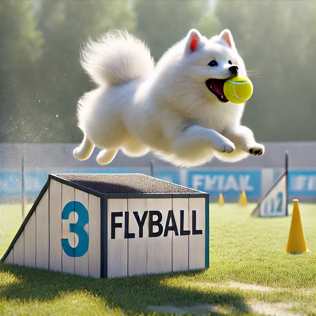 ein weißer Spitz, der während einer Flyball-Aktion von der Flyball-Box springt und einen gelben Tennisball im Maul trägt