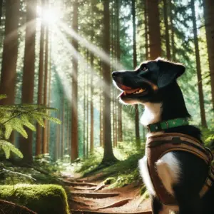 Ein Hund mit einem Brustgeschirr sitzt auf einem Waldweg und signalisiert seinem Besitzer einen gefundenen Zielgeruch