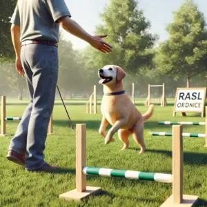 Ein älterer Hund mit einer leichten Beinbeeinträchtigung trainiert begeistert mit seinem Hundeführer in einem Rally-Obedience-Parcours. Der Hund, ein goldener Labrador, folgt in einem grünen Park motiviert den einfachen Anweisungen
