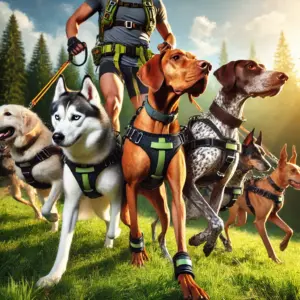 Huskies, Pointer, Deutsch-Kurzhaar und Windhunde mit Canicross-Geschirren, bereit für den Lauf