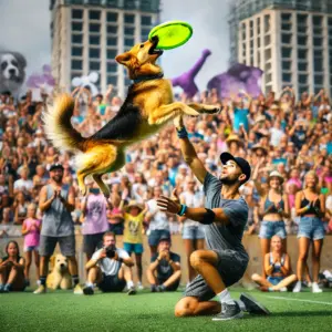 Ein Hund springt in die Arme seines Besitzers während einer Freestyle Dog Frisbee-Vorführung auf einer Wiese