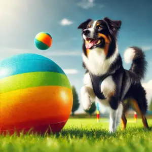 Hund steht vor großen Gymnastikball und ist bereit für das Treibball Training