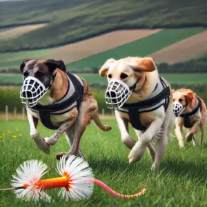 Zwei Hunde, darunter ein Labrador-Mix, laufen auf einer offenen Wiese einem künstlichen Köder nach. Die Hunde tragen Maulkörbe und gut sitzende Renngeschirre für das sichere Lure Coursing