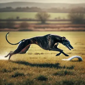 Ein Greyhound sprintet in voller Bewegung über eine Wiese und jagt einem künstlichen Köder nach. Die Szene zeigt Dynamik und Geschwindigkeit in einer natürlichen Landschaft