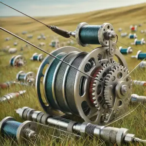 Detaillierte Nahaufnahme des Lure-Coursing-Mechanismus: Eine große Metallspule mit Seil und Zahnrädern auf einer Grasfläche, die als technisches System für das Ziehen des künstlichen Köders dient