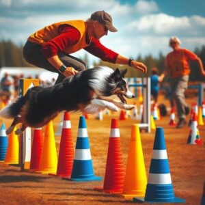 Collie springt über Pylonen 