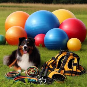 Ein Border Collie Hund liegt vor der kompletten Ausrüstung für das Treibball Training