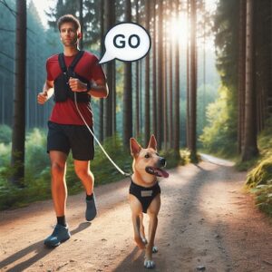 Läufer gibt im Canicross ein deutliches Stimmkommando, visualisiert durch eine Sprechblase, während der Hund aufmerksam reagiert