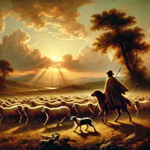 Historisches Bild eines Schäfers mit Hütehund auf einer Weide.