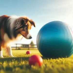 Australian Shepherd Hund erblickt den Ball und startet das Treibball Spiel