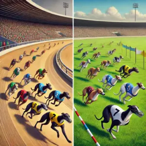 Vergleichsbild von zwei Hundesportarten: Links Windhunde auf einer traditionellen Sand-Rennbahn in einem Stadion; rechts Hunde beim Lure Coursing auf einem offenen Grasparcours mit Kurven und natürlichen Hindernissen