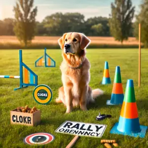 Ein Golden Retriever Hund sitzt auf einer grünen Wiese, umgeben von Rally Obedience Zubehör: bunte Pylonen, Schilder mit klaren Anweisungen, eine kleine Hürde und ein Clicker mit Leckerli