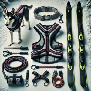 Flach ausgebreitete Skijoering-Ausrüstung: Ein Geschirr, Leinen, ein Hüftgurt, Langlaufski und Zubehör, zusammen mit einem Husky, der neben der Ausrüstung steht.