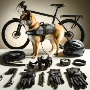 Essentielle Bikejöring-Ausrüstung, darunter Zuggeschirr, Zugleine, Bikeantenne, Helm und Handschuhe, arrangiert für den Hundesport