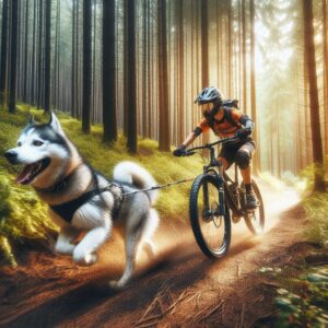 Bikejöring mit einem Husky in einem sonnendurchfluteten Wald, Fahrer mit Helm und Schutzkleidung auf einem Mountainbike
