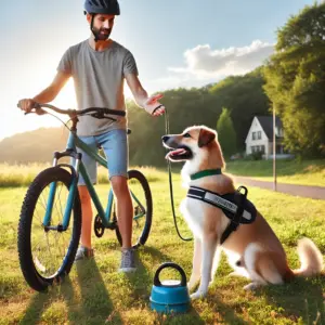 Ein Hund in einem Bikejöring-Geschirr trainiert mit seinem Halter erste Schritte