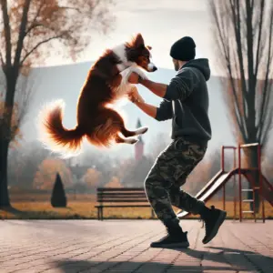 Ein Hund springt durch die Arme des Mannes in einer Outdoor-Umgebung und zeigt die Kreativität und Energie des Freestyle-Dogdancing