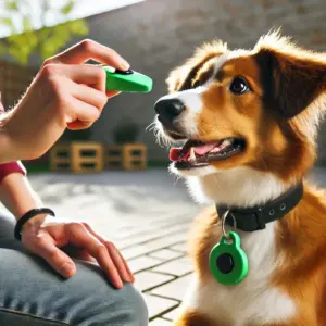 Eine Person trainiert ihren Hund mit einem Clicker in einem hellen Outdoor-Trainingsbereich und zeigt die Vorbereitung auf Dogdancing