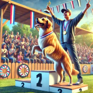 Ein Mann und sein Hund feiern ihren Erfolg bei einem Dogdancing-Wettkampf neben einem Podium mit Publikum im Hintergrund.