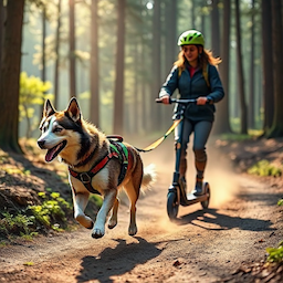 Eine Frau mit Helm fährt mit einem Tretroller durch einen Waldweg, während ein Hund mit einem Geschirr vorneweg läuft. Das Bild zeigt eine typische Dogscooting-Situation mit Fokus auf Teamarbeit und Natur