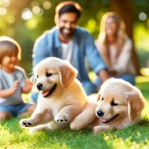 Zwei Golden Retriever Welpen beim Spielen auf einer Wiese