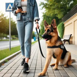 Eine Frau spaziert mit ihrem gut trainierten Deutschen Schäferhund an der Leine entlang eines gepflasterten Gehwegs