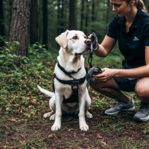 Ein Labrador im professionellen Geschirr schnüffelt konzentriert an einer Geruchsprobe, die sein Besitzer ihm in einem Waldgebiet präsentiert. Dieses Bild zeigt den Beginn des Geruchssuchprozesses im Hundesport Mantrailing.