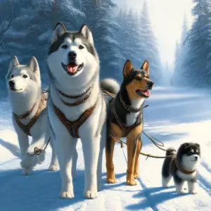 Vier Skijöring Hunde, darunter Huskys und ein kleinerer Hund, stehen im Schnee bereit.